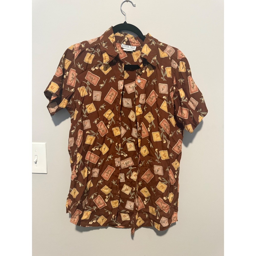 Central Falls Brown Postage Stamp Floral Rayon Button Down Shirt Womens Medium